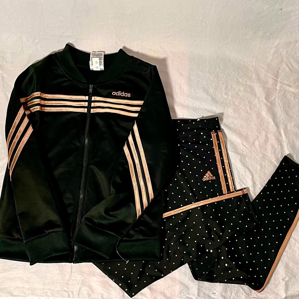 Girls Adidas tracksuit size 10/12. Black and rose gold. Polka dot leggings. NWOT